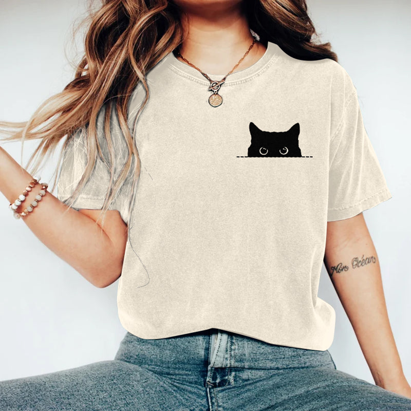 Comstylish Women's Black Cats Art Washed T Shirt