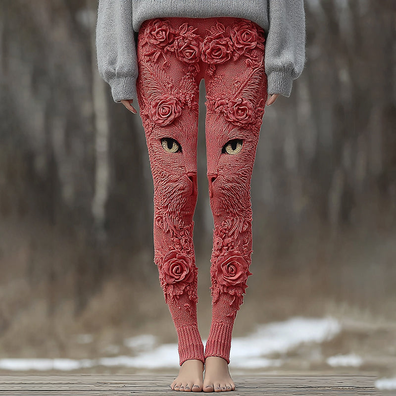 Comstylish Vintage Cute Cat Face With Roses Art Embroidered Cozy Knit Leggings
