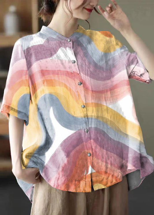 Colorful Geometry Stand Collar Print Tops Half Sleeve