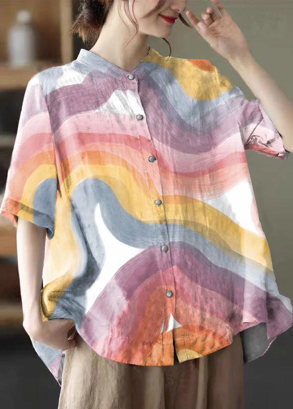 Colorful Hearts Stand Collar Print Tops Half Sleeve