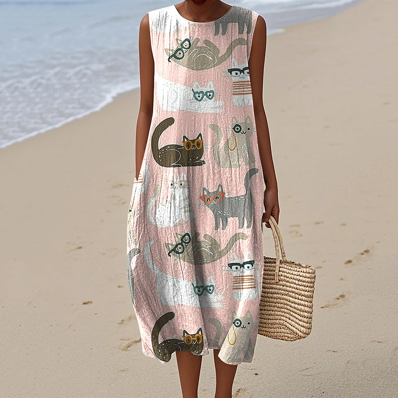 Women's Vintage Cute Cat Art Linen Tank Midi Dress artswardrobe