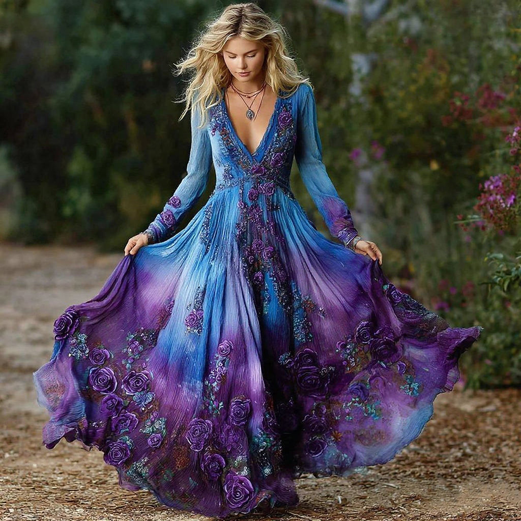 Women's Vintage Purple Rose Art Pattern Gradient Long Sleeve Dress artswardrobe