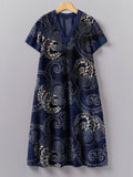 Japanese Traditional Sashiko Art Pattern Painting V-Neck Dress