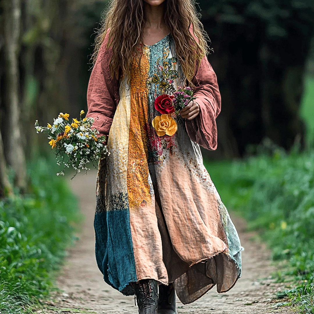 Women's Vintage Bohemian Floral Patch V-neck Cotton And Linen Dress artswardrobe