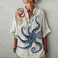 Comstylish Women's Japanese Art Ocean Octopus Floral Linen Shirt