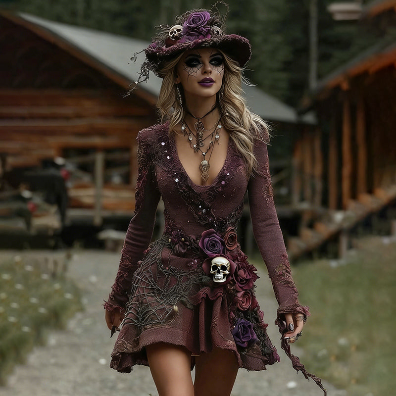 Comstylish Women's Halloween Rose Skull Spider Web Witch Splicing Midi Dress
