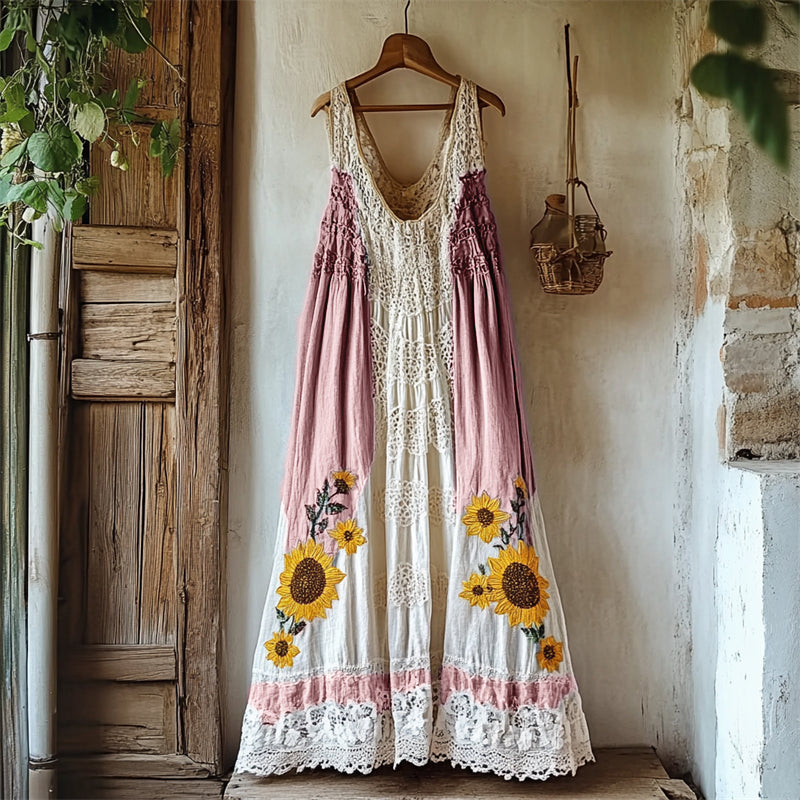 Boho Sunflowers Embroidered Gradient Lace Patchwork Linen Dress artswardrobe