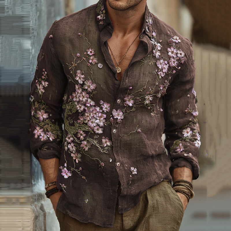 Men's Vintage Japanese Sakura Embroidered Art Lapel Long Sleeve Linen Shirt artswardrobe