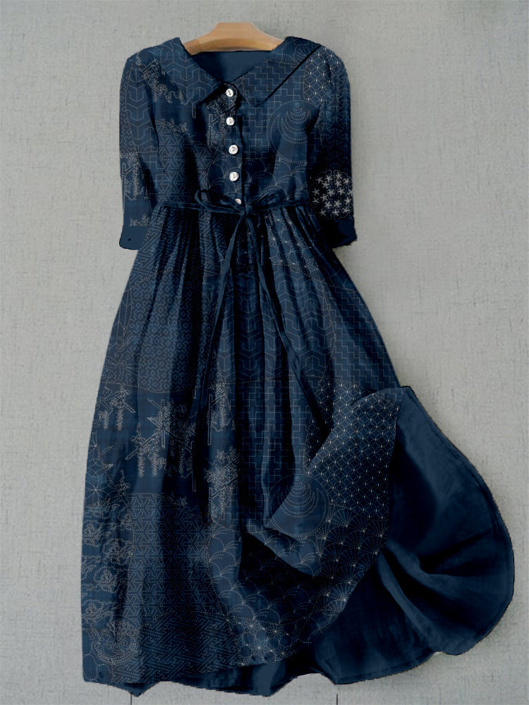Comstylish Japanese Traditional Sashiko Art Lace-up Casual Maxi Dress