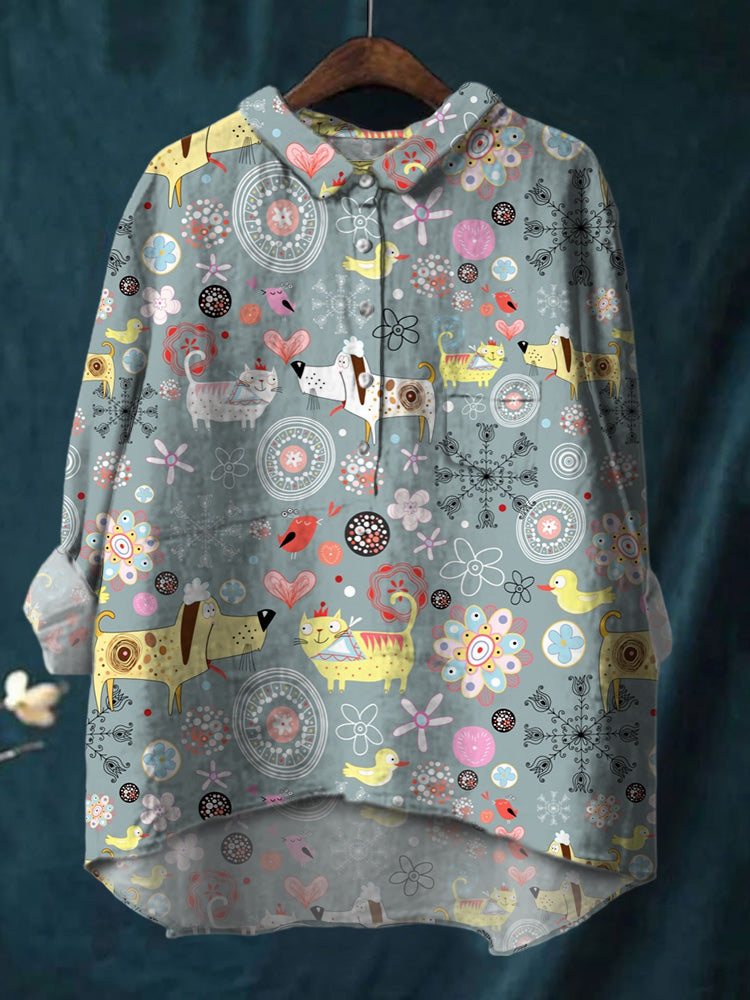 Hand Drawn Flowers Puppy And Kitten Printed Cotton And Linen Shirt