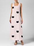 Cute Cat Heads Print Linen Maxi Dress elevenforest