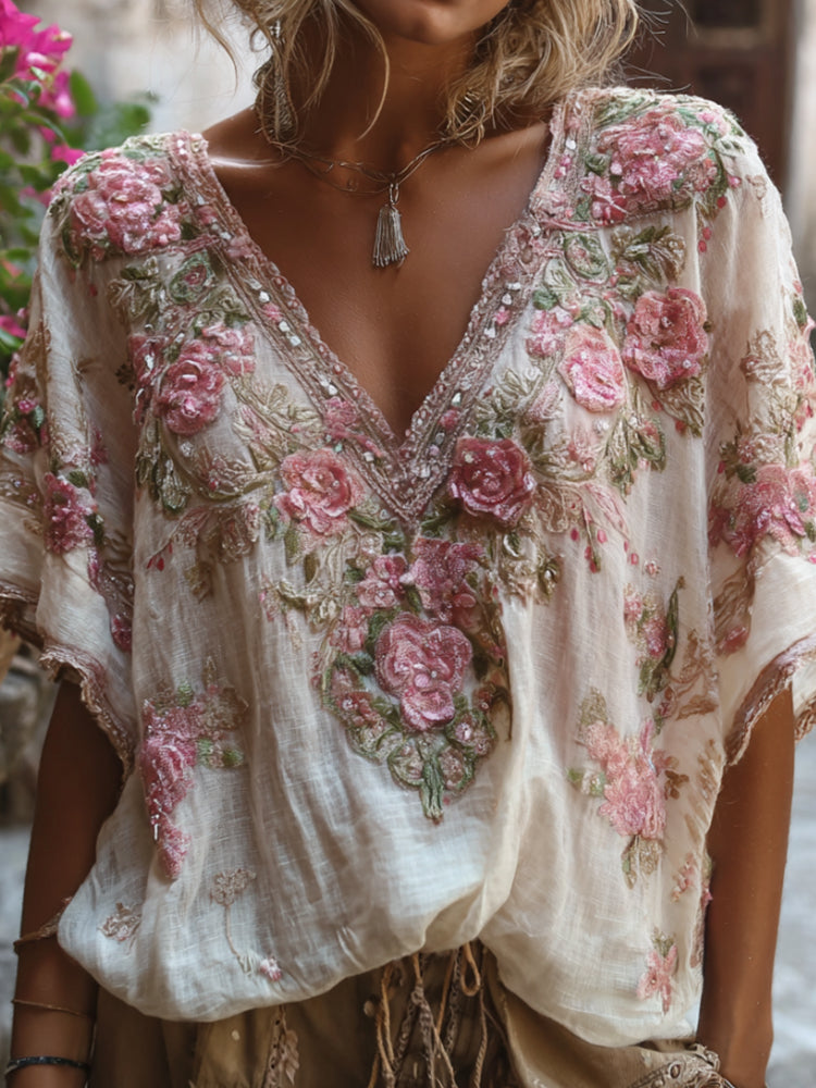 Bohemian-style Pink Floral Embroidery V-neck Short-sleeved Shirt With Sequins artswardrobe