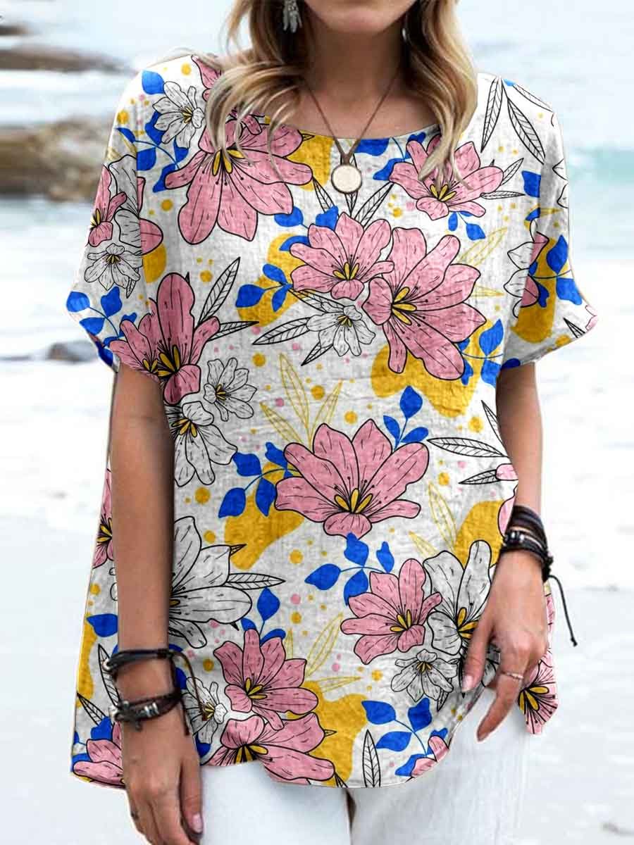 Women's Elegant Floral Round Neck Cotton and Linen Top