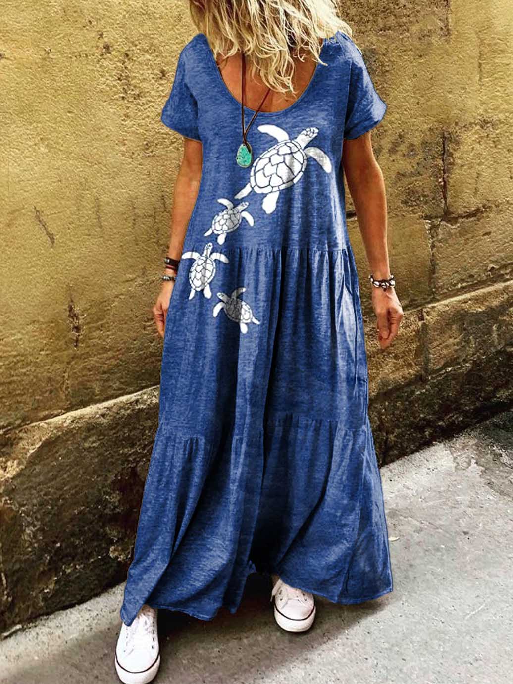 Women's Sea Turtle Art Print Pocket Short Sleeve Cotton Dress