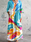 Women's Art Splash Art Print V-neck Cotton And Linen Dress