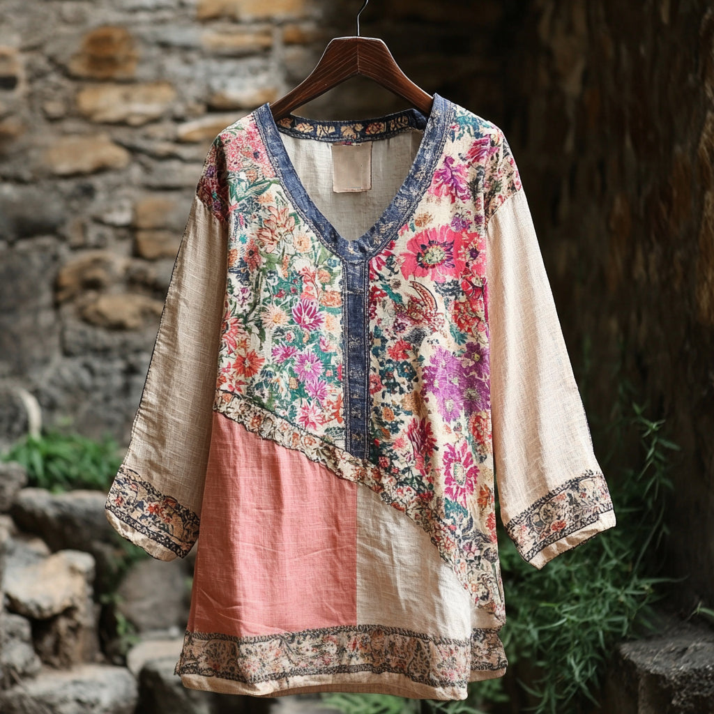 Comstylish Women's Retro Tribal Floral Stitching Cotton And Linen Long Sleeve Shirt