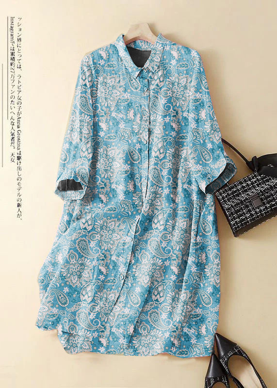 Green Polka Dots Embroidered Patchwork Linen Shirt Dress Summer