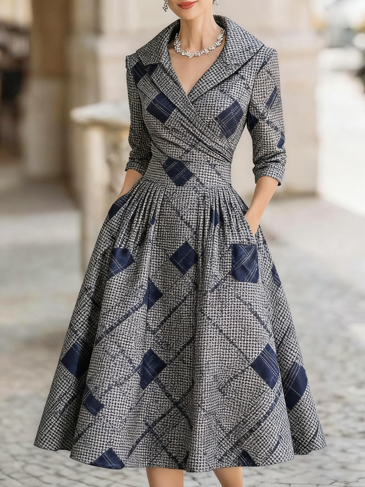 Women's retro cold jacquard print medium and long dress