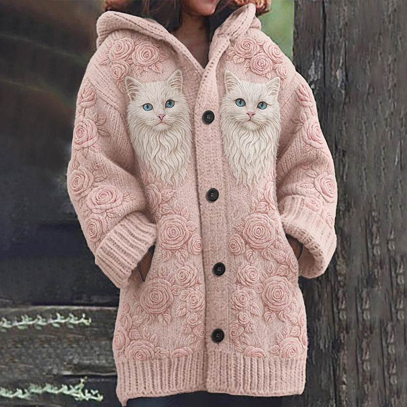 Comstylish Vintage Cute Cat Face With Roses Art Cozy Knit Cardigan
