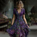 Women's Retro Embroidered Pansy Flowers Short-sleeved Midi Dress artswardrobe