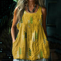Women's Retro Loose Bohemia Vintage Leaf Art Style Linen Suspender Sleeveless Top artswardrobe
