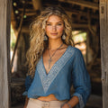 Comstylish Vintage Greek Key Pattern V-neck Linen Blend Blouse