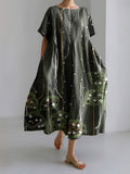 Japanese Art Flower Print Short Sleeved Loose Midi Dress
