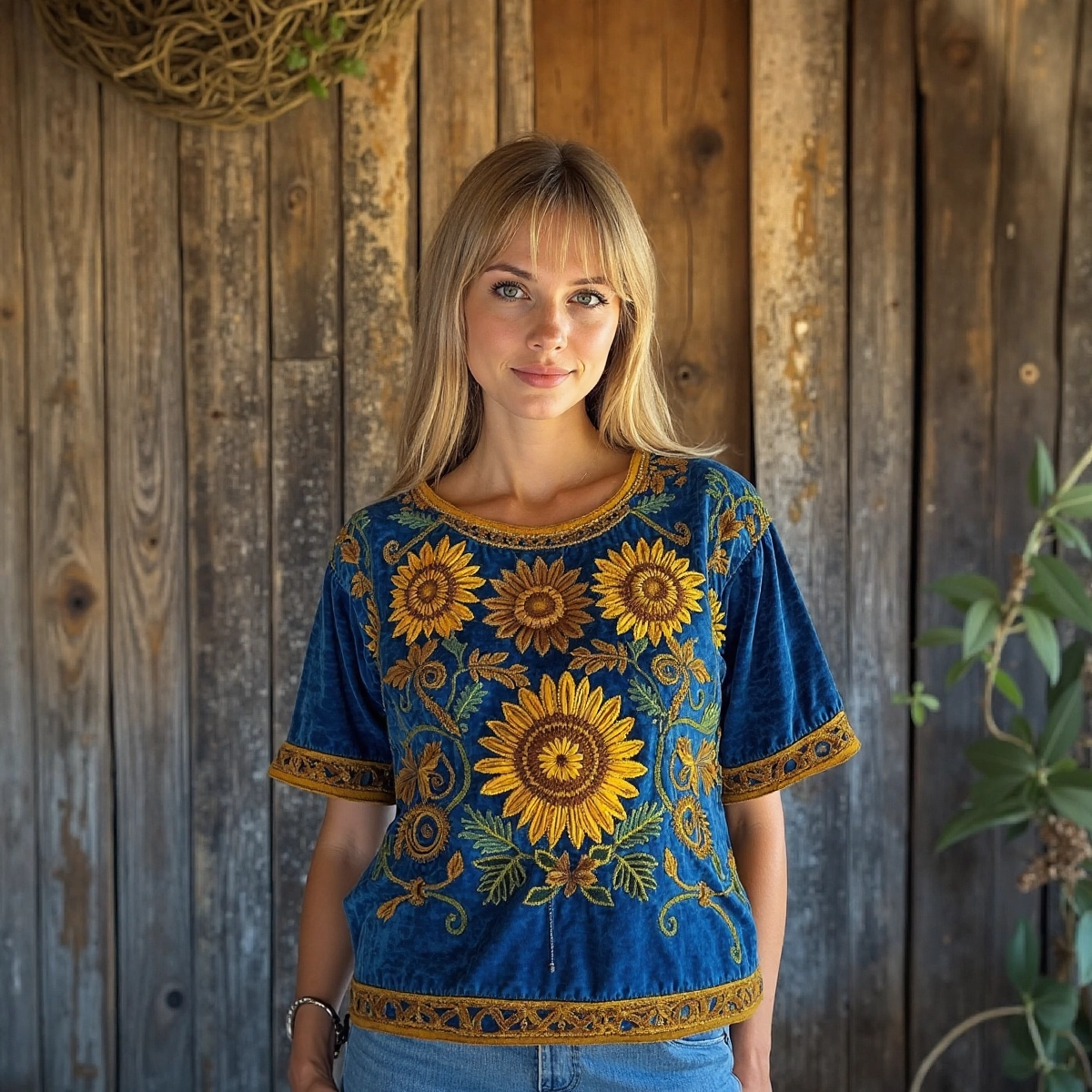 Vintage Sunflower Ethnic Floral Linen T-shirt artswardrobe
