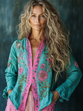 Bohemian Holiday Style Linen Floral Print  Long Sleeve Shirt artswardrobe