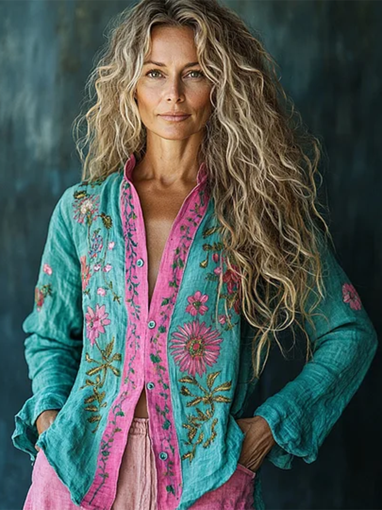 Bohemian Holiday Style Linen Floral Print  Long Sleeve Shirt artswardrobe