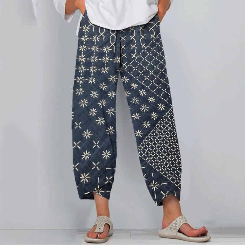 Comstylish Japanese Traditional Sashiko In Floral Patchwork Art Pattern Art Cropped Casual Pants