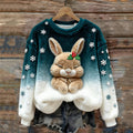 Women's Christmas Bunny Embroidery Round Neck Cozy Plush Sweatshirt