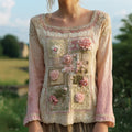 Comstylish Boho Vintage Floral Lace Patchwork Art Women's Linen Long Sleeve Shirt