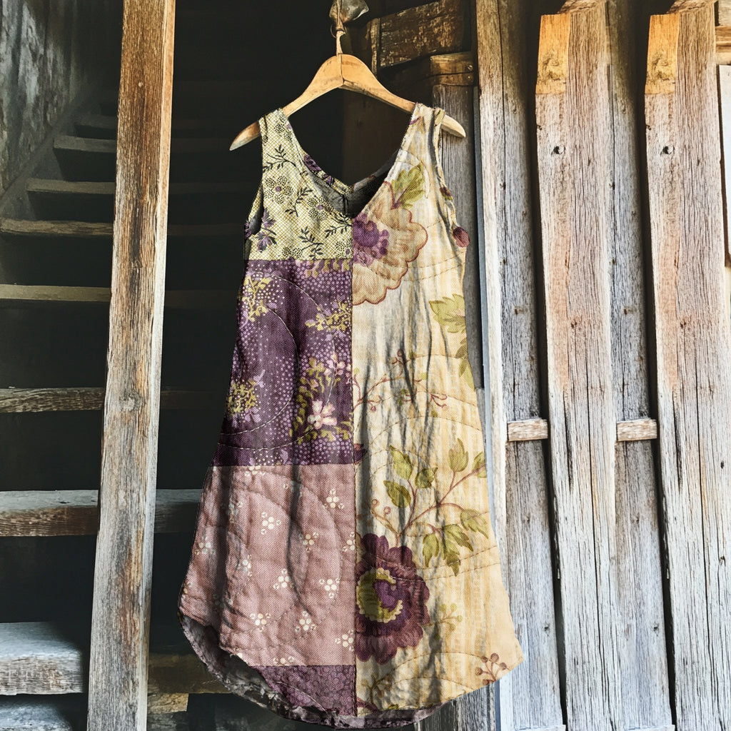 Vintage Purple Floral Patchwork Art Linen Tank Dress artswardrobe