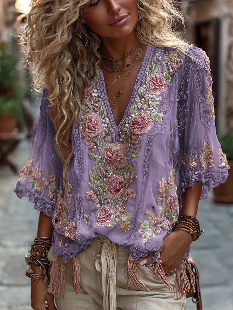 Women's Vintage Rose Embroidery Art Comfy Linen Shirts artswardrobe