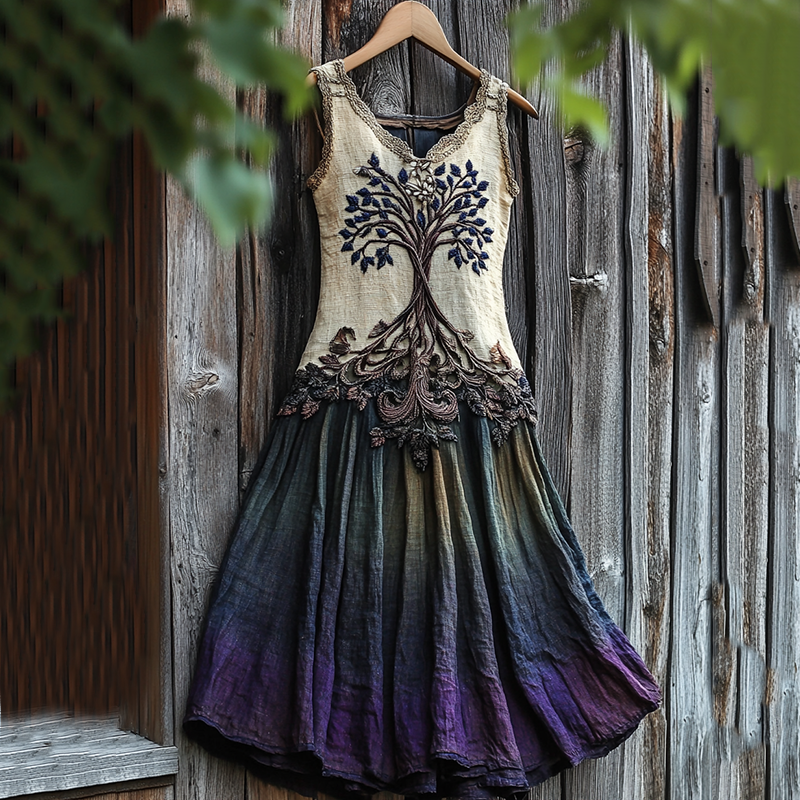 Women's Vintage  Viking Tree Of Life Gradient Linen Dress artswardrobe