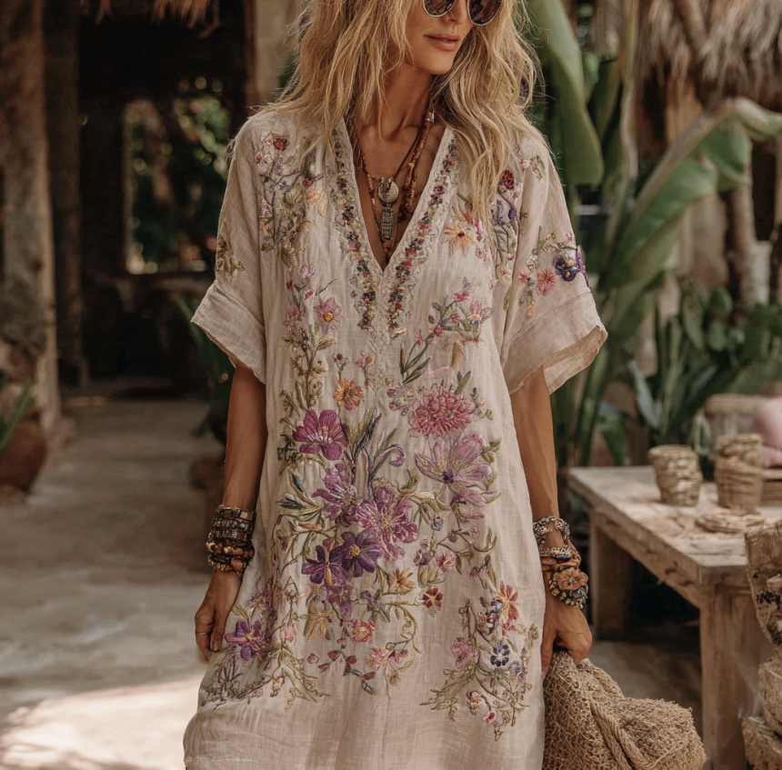 Comstylish Women's Floral Embroidery Art V Neck Comfy Midi Dress