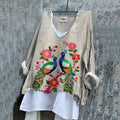Women's Vintage Peacock Floral Embroidery Art  Loose V-neck Shirt artswardrobe