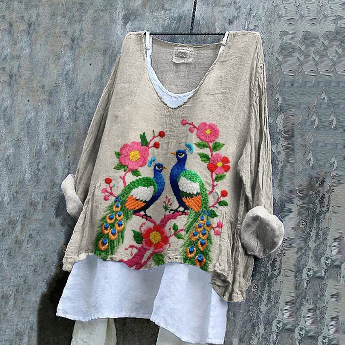 Women's Vintage Peacock Floral Embroidery Art  Loose V-neck Shirt artswardrobe