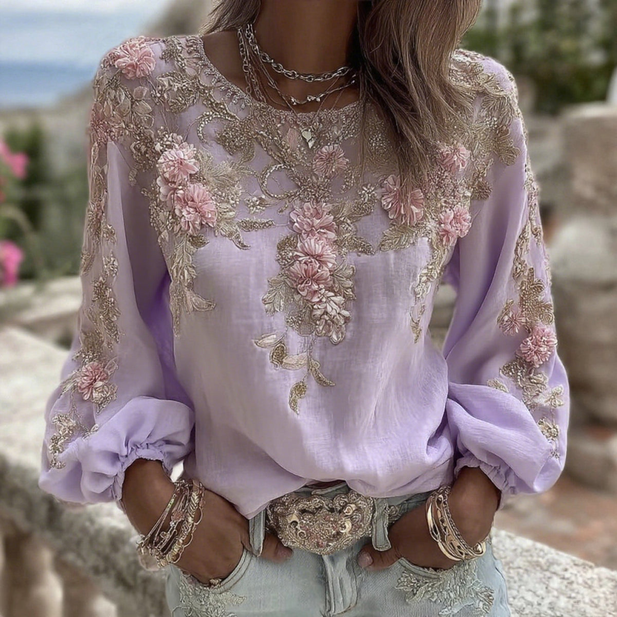 Comstylish Women's Vintage Pink Rose Embroidery Art Round Neck Long Sleeve Linen Blend T-shirt