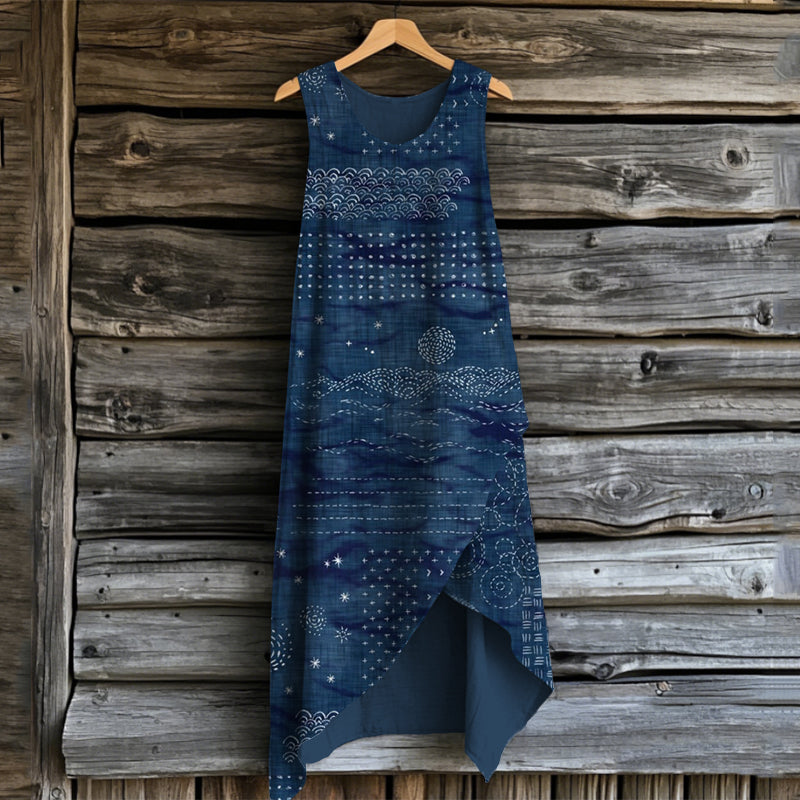 Comstylish Vintage Japanese Sashiko Art Linen Irregular Midi Dress