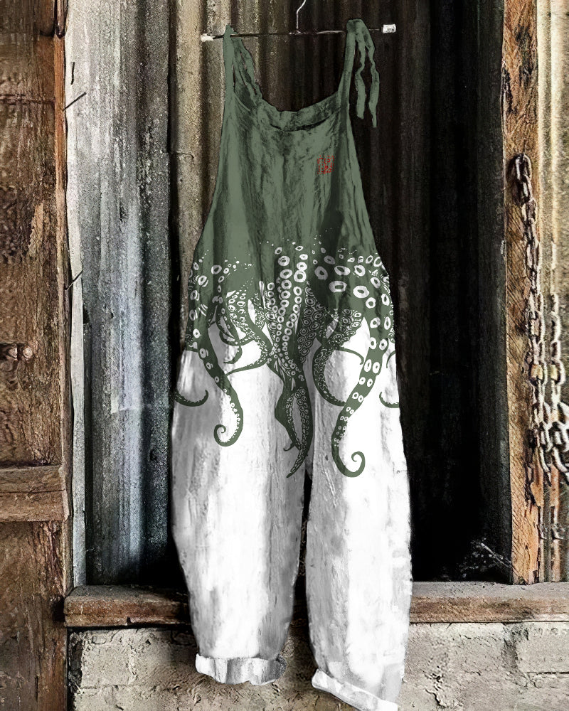 Comstylish Vintage Japanese Art Octopus Legs Print Casual Linen Blend Loose Jumpsuit