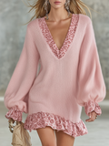 Retro Sporty Style Relaxed Fit V-neck Leopard Print Ruffled Hem Mohair Mini Dress