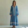 Retro Greek Key Graphics V Neck Linen Blend Maxi Dress artswardrobe
