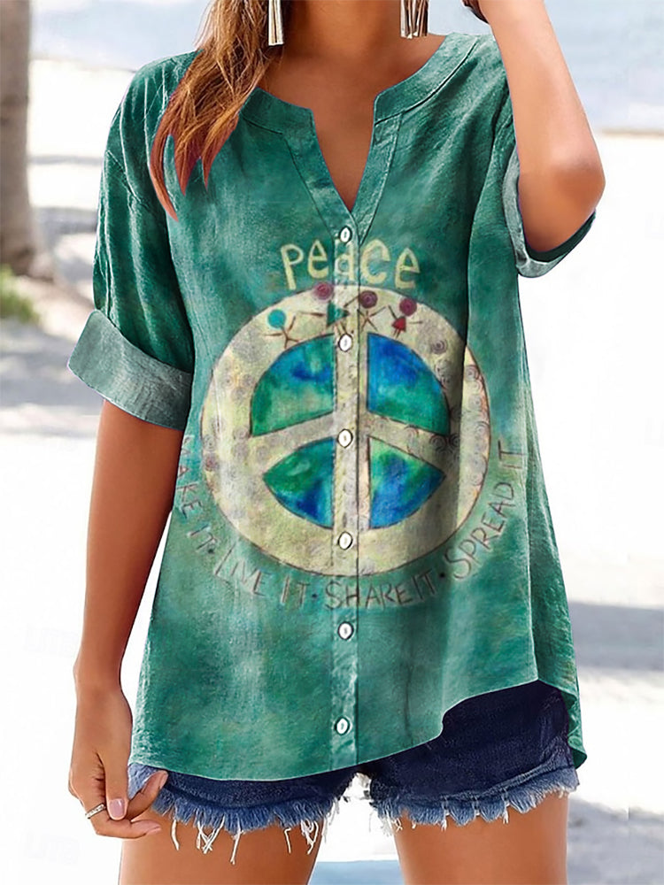 Women's Peaceful Hippie Pattern Art Print Cotton Linen Short Sleeve Sh