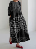 Comstylish Vintage Japanese Art Pattern Linen Blend Maxi Dress