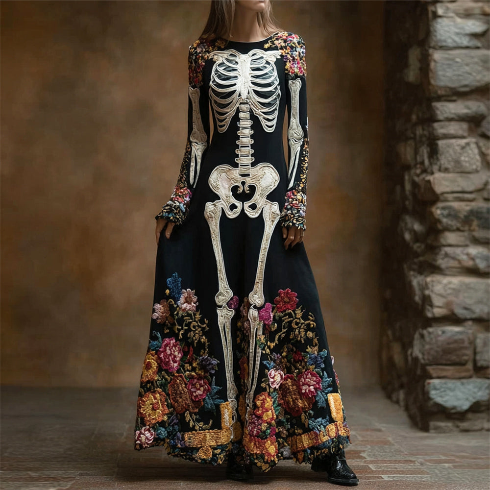 Comstylish Human Skeleton Floral Embroidery Women's Long-sleeved Flowing Maxi Dress