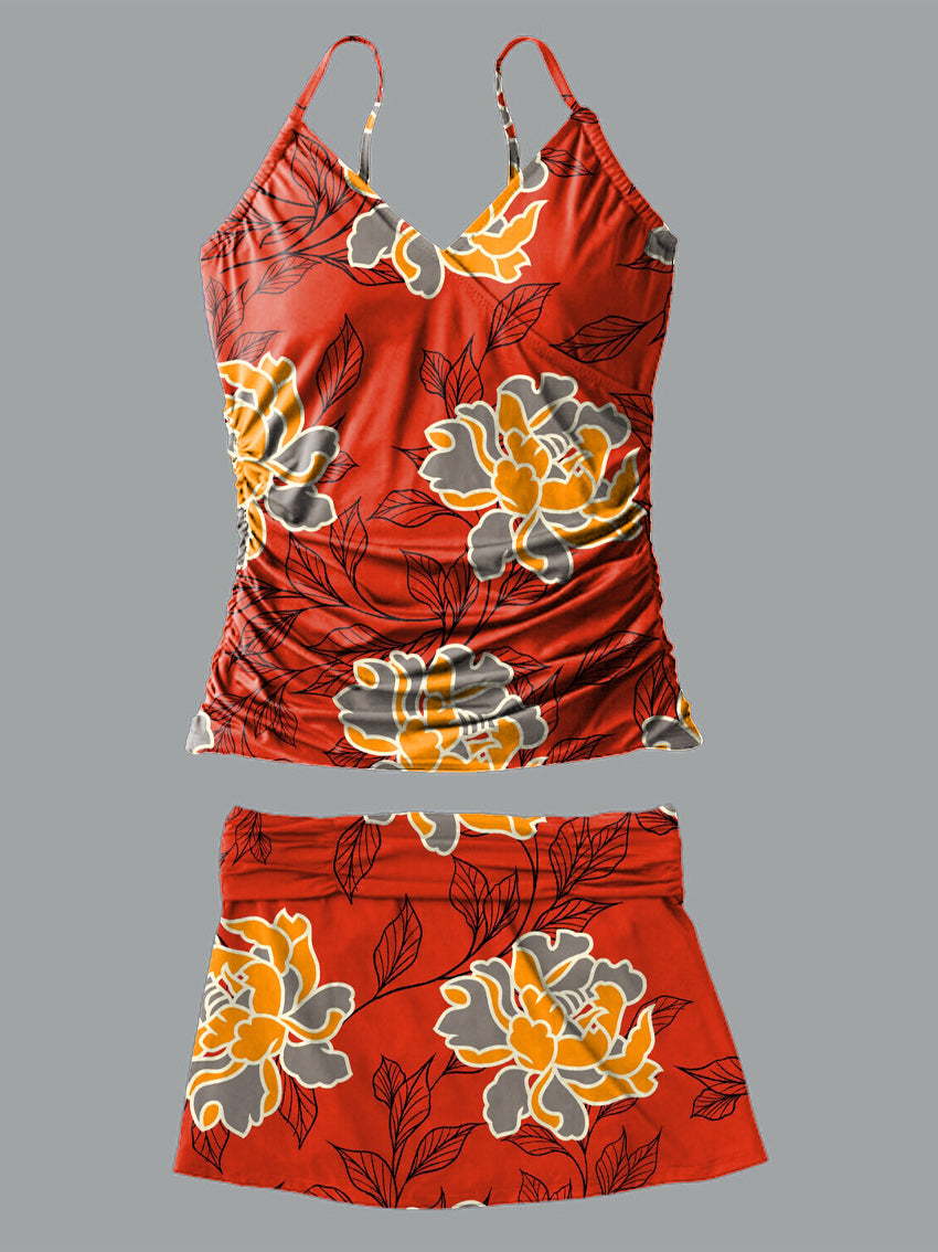 Red Flower V-Neck Vintage Flowers Print Suspender Skirt Tankini Pantskirt Set Swimsuit