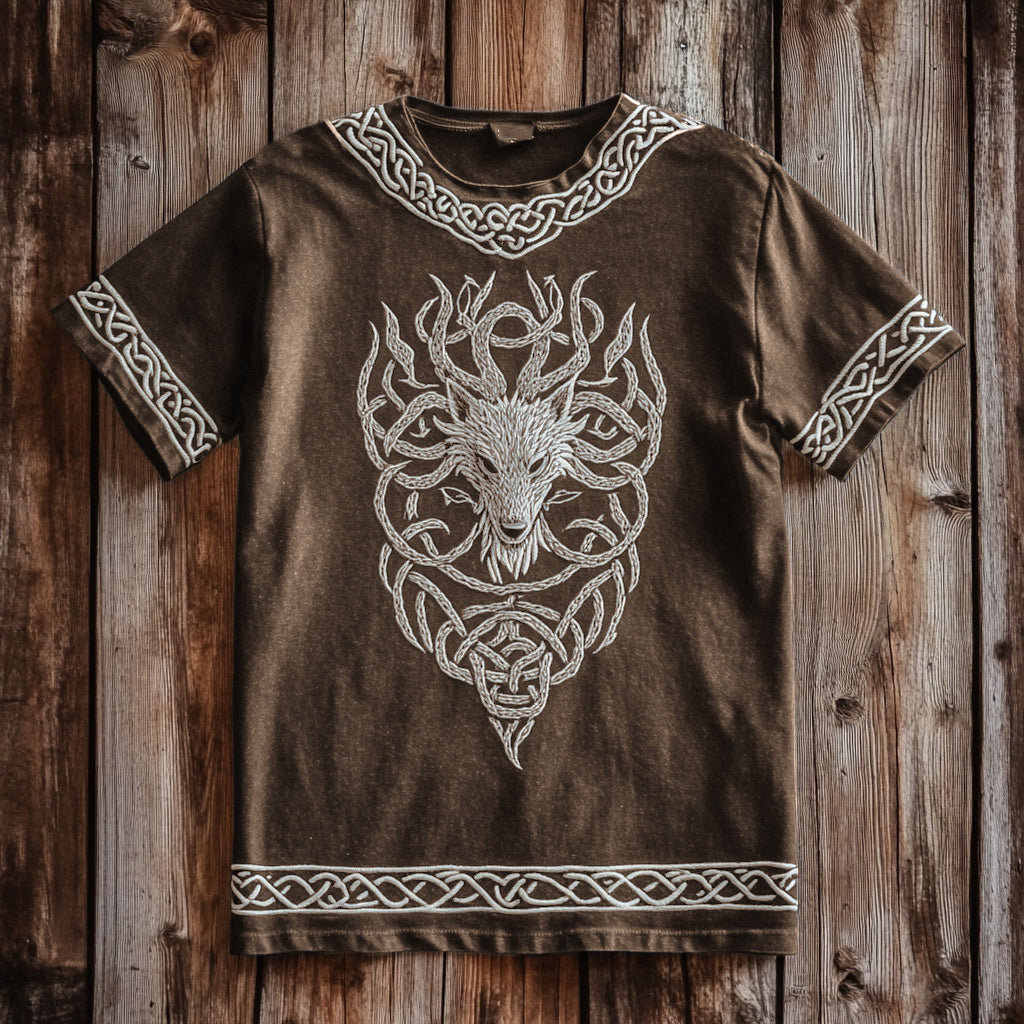 Men's Vintage Viking Wolf Print Cotton And Linen T-shirt artswardrobe