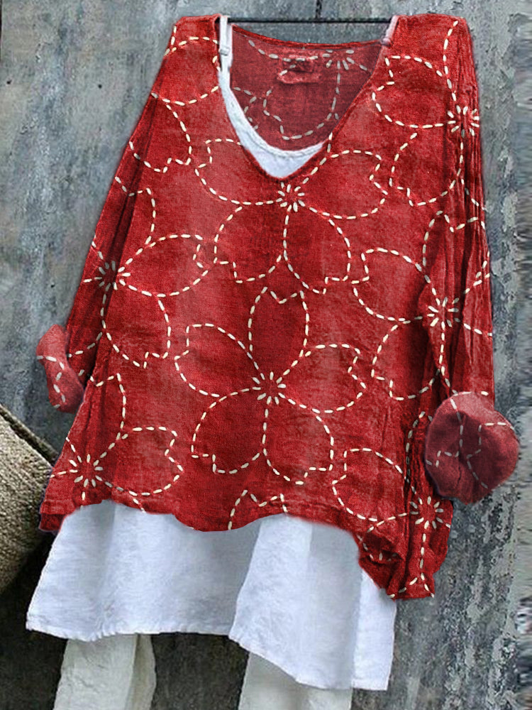 Women's Japanese Cherry Blossom Embroidered Linen Blend Shirt artswardrobe
